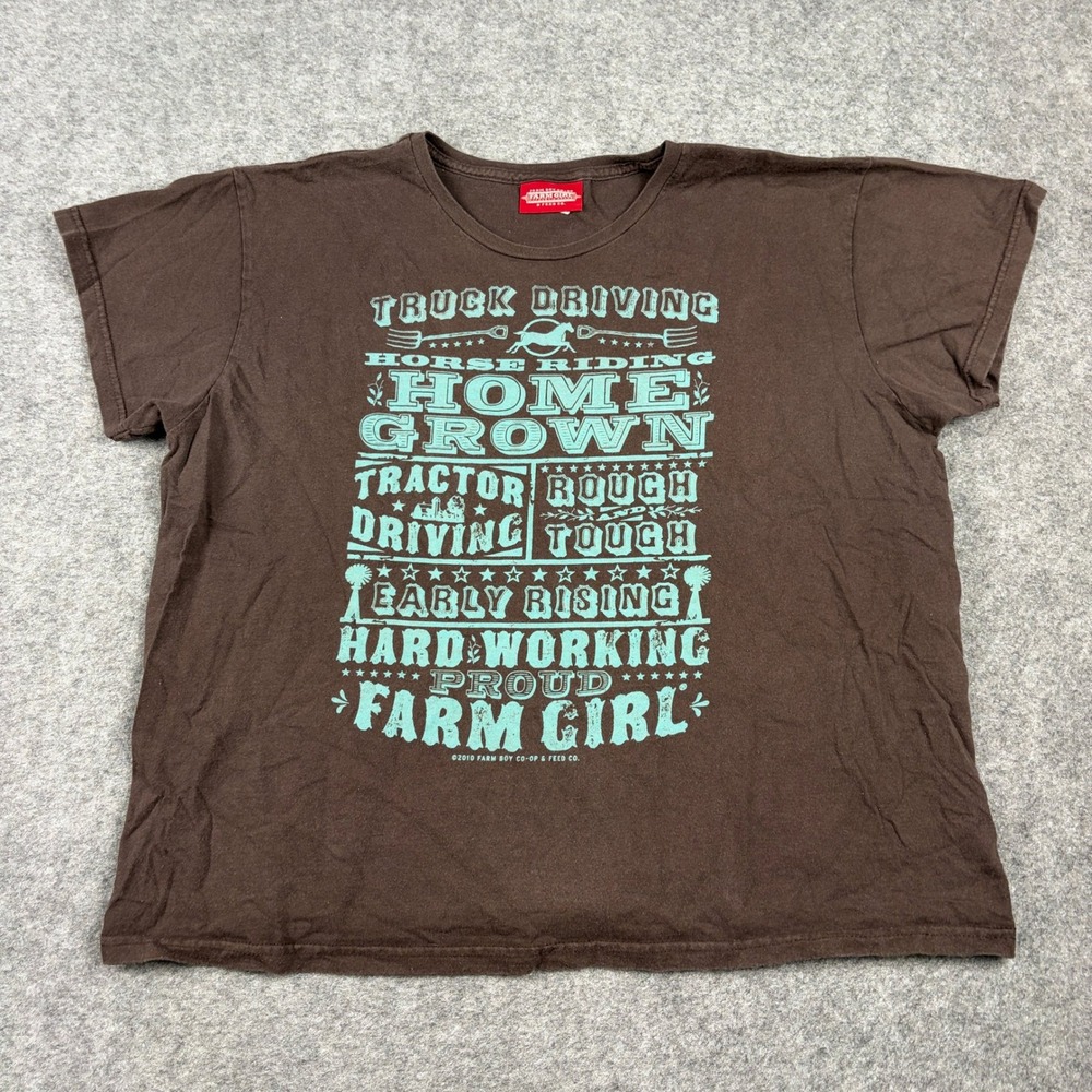 Y2K Farm Girl Graphic T-Shirt Womens Large Brown Proud Farm Girl Truck Driving